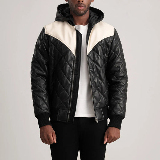 Norman Black Hooded Bomber Leather Puffer Jacket - men's jacket in black sheepskin leather, view 1