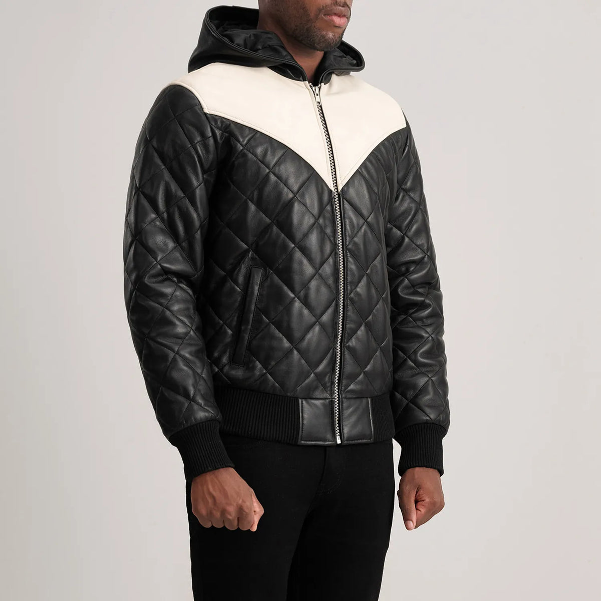 Norman Black Hooded Bomber Leather Puffer Jacket - men's jacket in black sheepskin leather, view 2