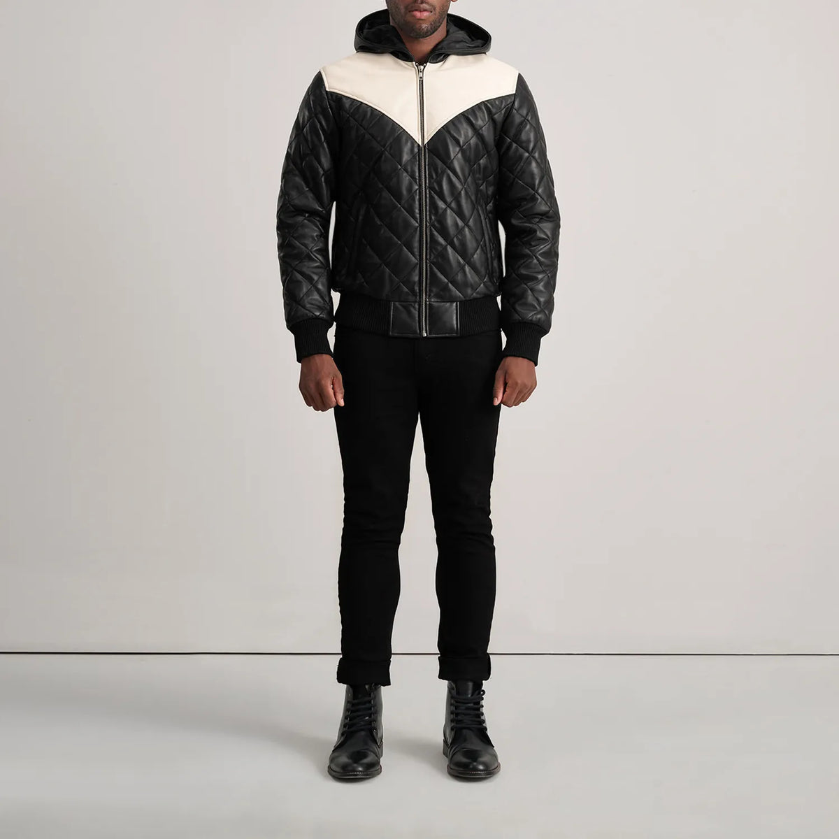 Norman Black Hooded Bomber Leather Puffer Jacket - men's jacket in black sheepskin leather, view 3