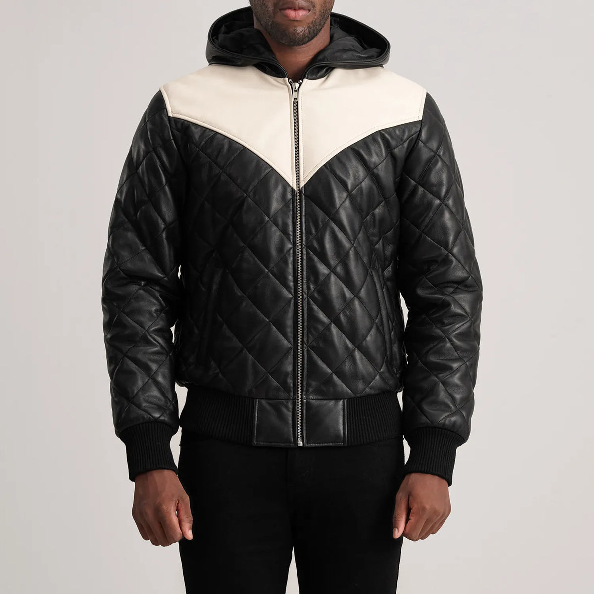 Norman Black Hooded Bomber Leather Puffer Jacket - men's jacket in black sheepskin leather, view 4