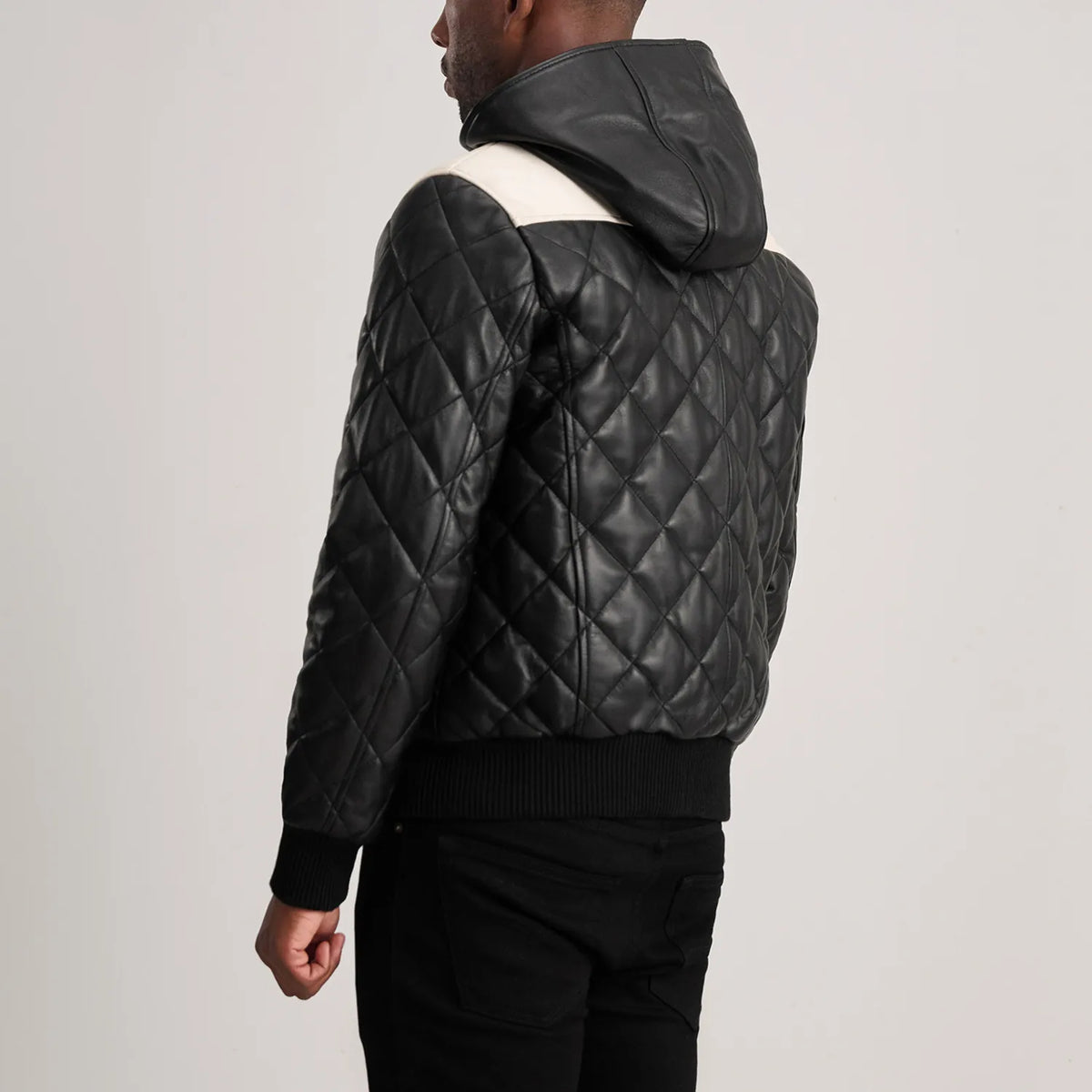 Norman Black Hooded Bomber Leather Puffer Jacket - men's jacket in black sheepskin leather, view 5