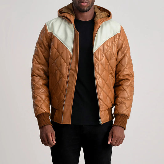 Norman Tan Hooded Bomber Leather Puffer Jacket - men's jacket in tan sheepskin leather, view 1