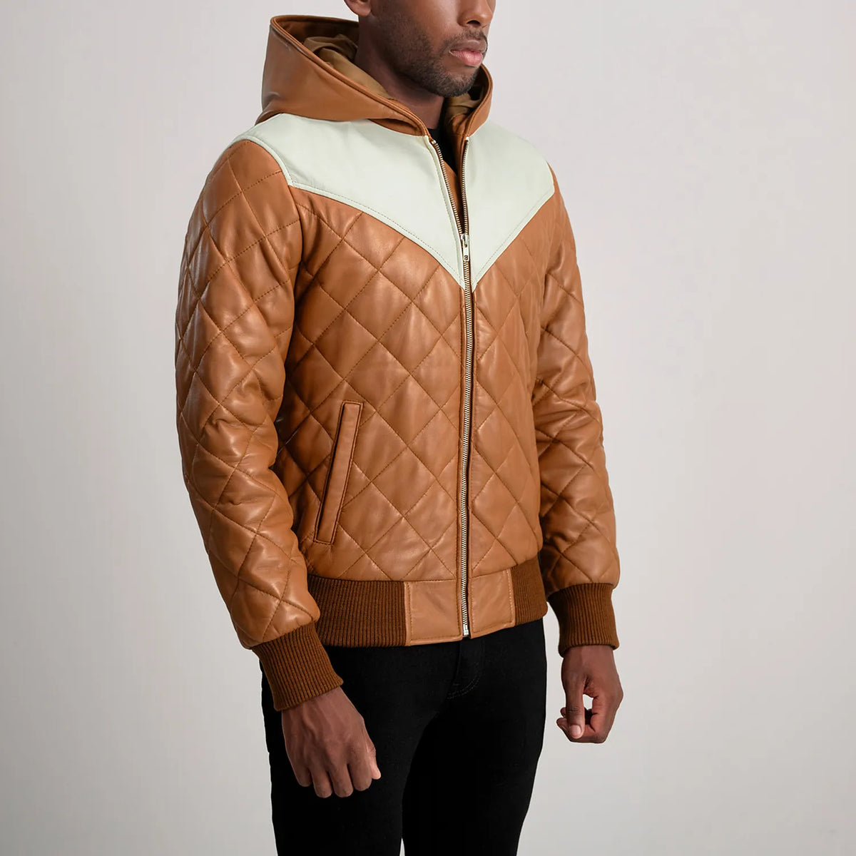 Norman Tan Hooded Bomber Leather Puffer Jacket - men's jacket in tan sheepskin leather, view 2