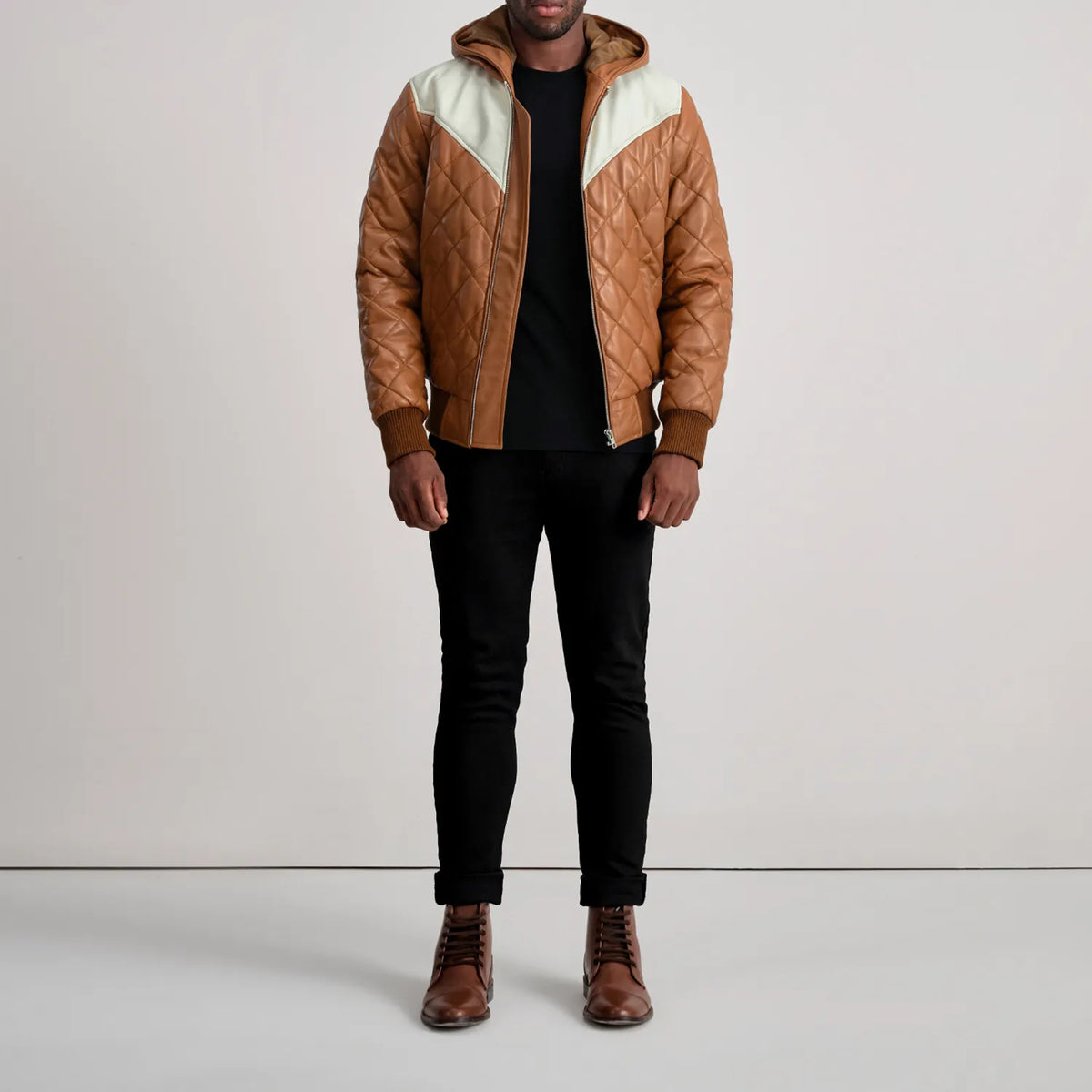 Norman Tan Hooded Bomber Leather Puffer Jacket - men's jacket in tan sheepskin leather, view 3