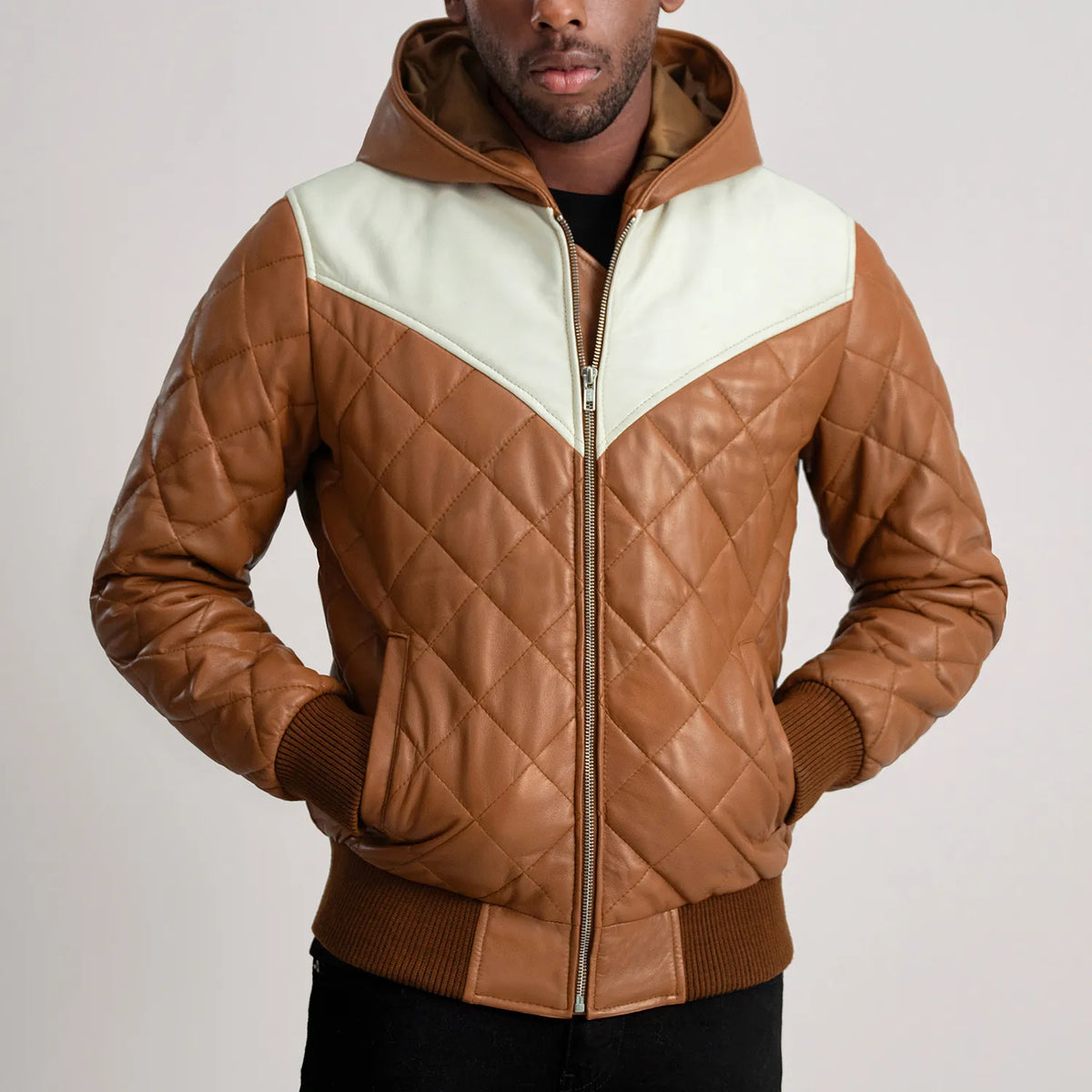 Norman Tan Hooded Bomber Leather Puffer Jacket - men's jacket in tan sheepskin leather, view 4