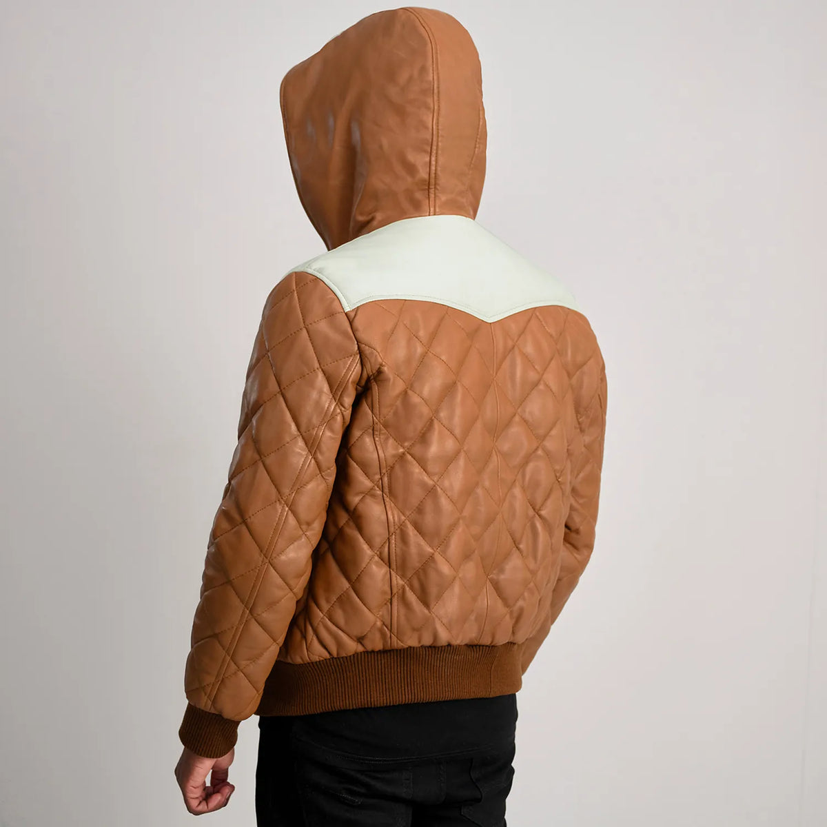 Norman Tan Hooded Bomber Leather Puffer Jacket - men's jacket in tan sheepskin leather, view 5