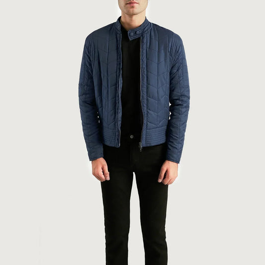 Nyle Quilted Windbreaker Jacket - men's jacket in blue nylon-polyester fabric, view 1