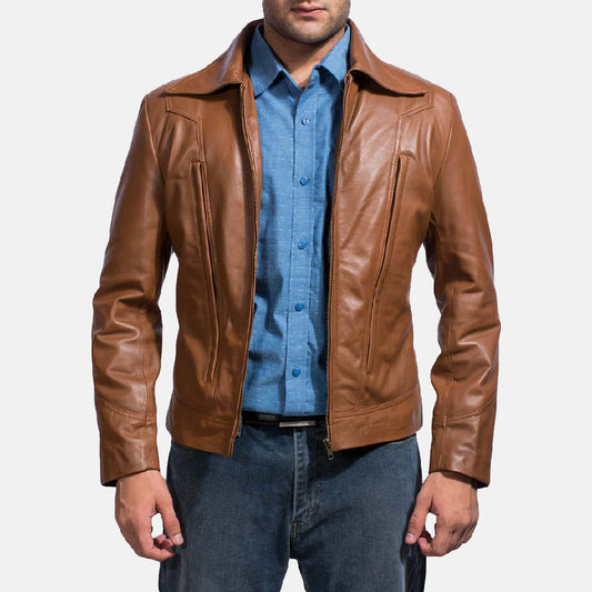 Old School Brown Leather Jacket - men's jacket in brown sheepskin leather, view 1