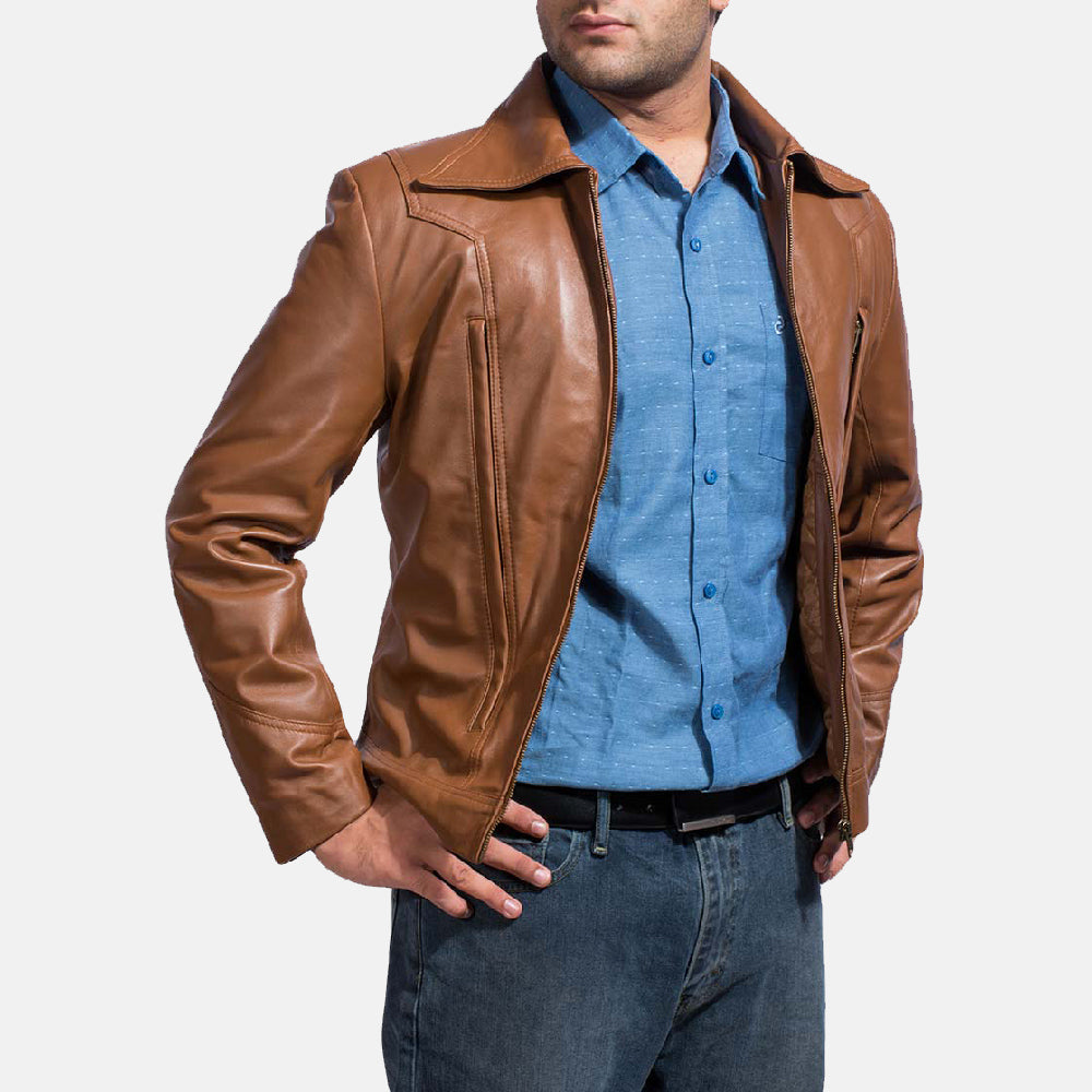 Old School Brown Leather Jacket - men's jacket in brown sheepskin leather, view 3