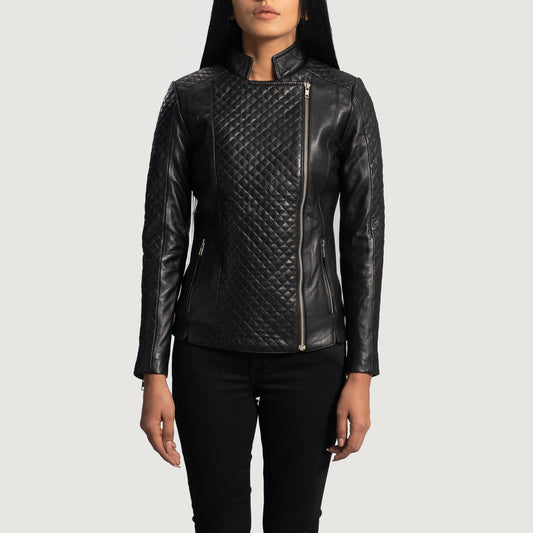 Orient Grain Quilted Black Leather Biker Jacket - women's jacket in black sheepskin leather, view 1