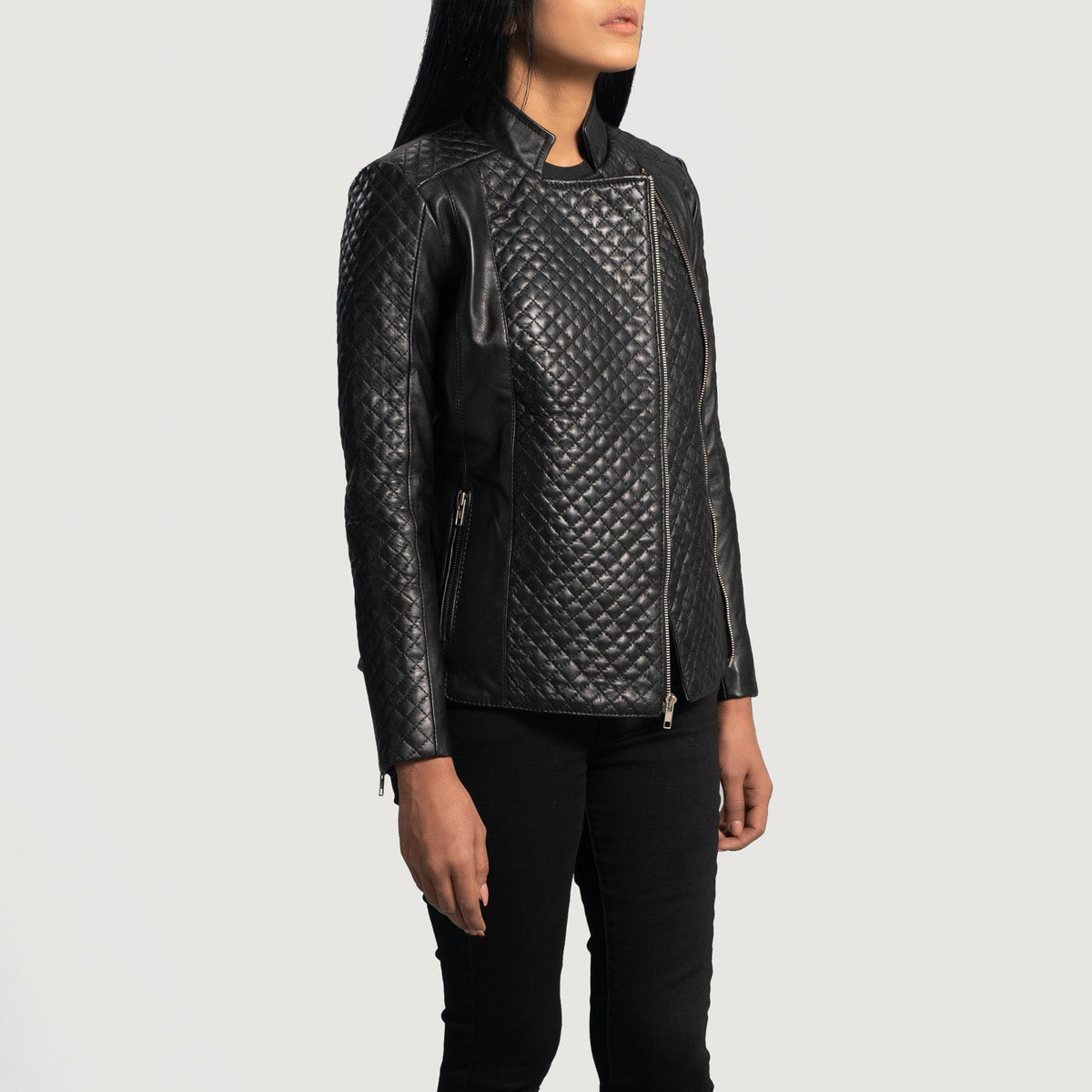 Orient Grain Quilted Black Leather Biker Jacket - women's jacket in black sheepskin leather, view 2