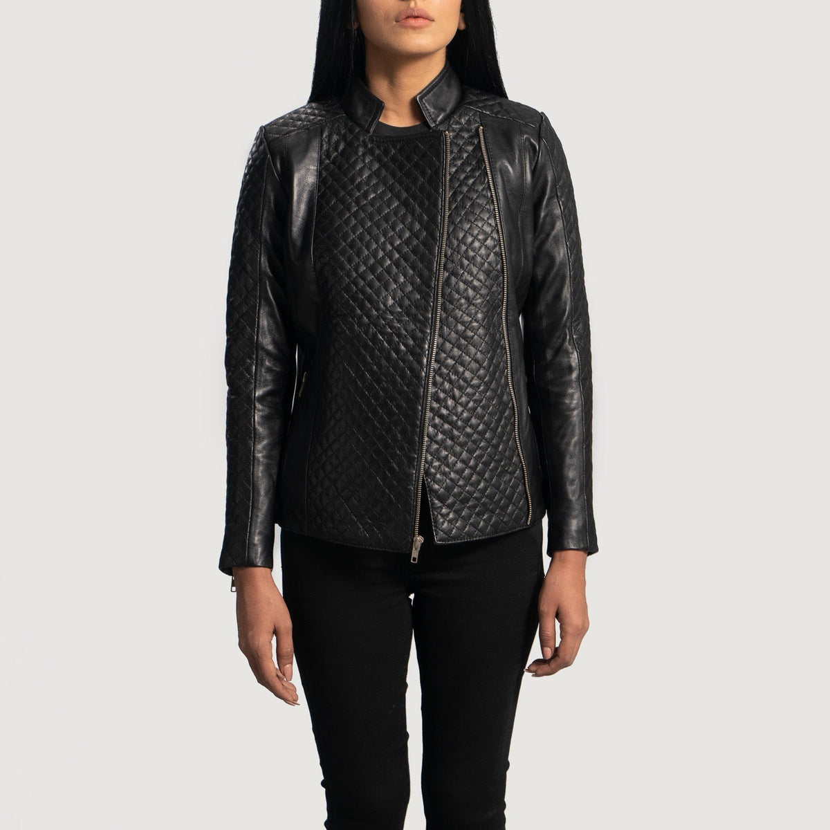Orient Grain Quilted Black Leather Biker Jacket - women's jacket in black sheepskin leather, view 3