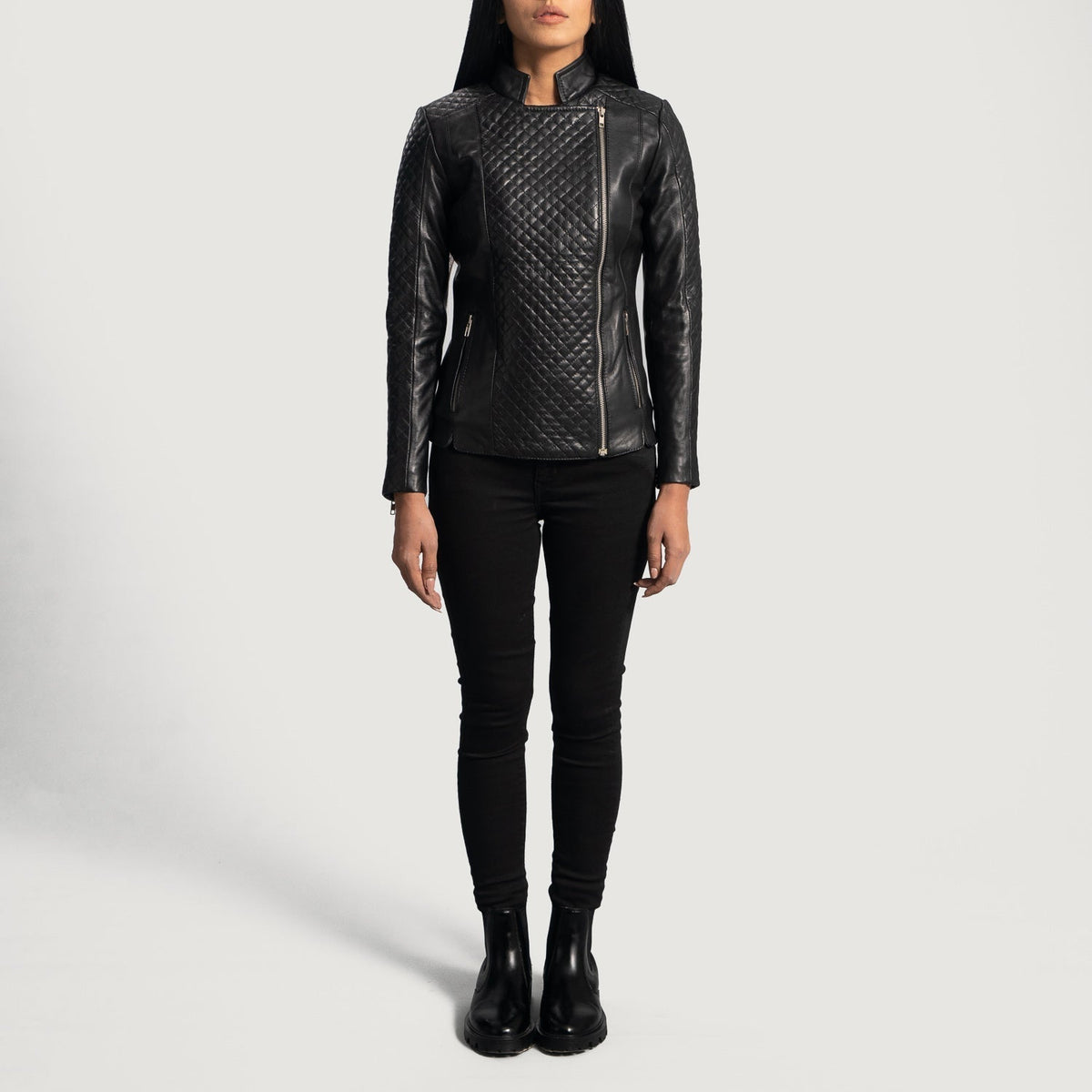 Orient Grain Quilted Black Leather Biker Jacket - women's jacket in black sheepskin leather, view 4