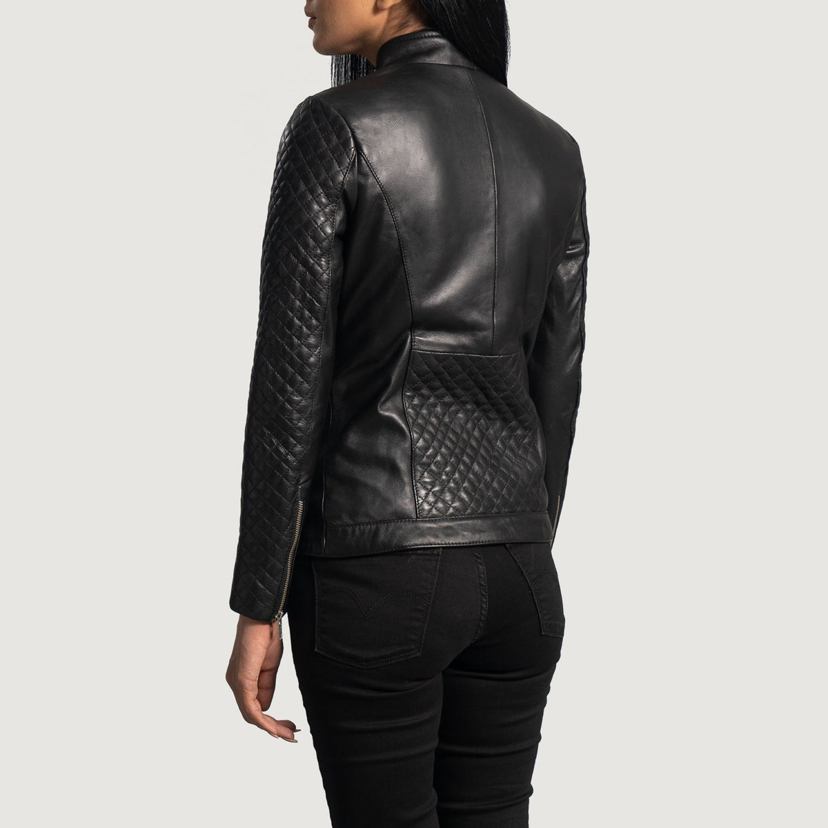 Orient Grain Quilted Black Leather Biker Jacket - women's jacket in black sheepskin leather, view 5