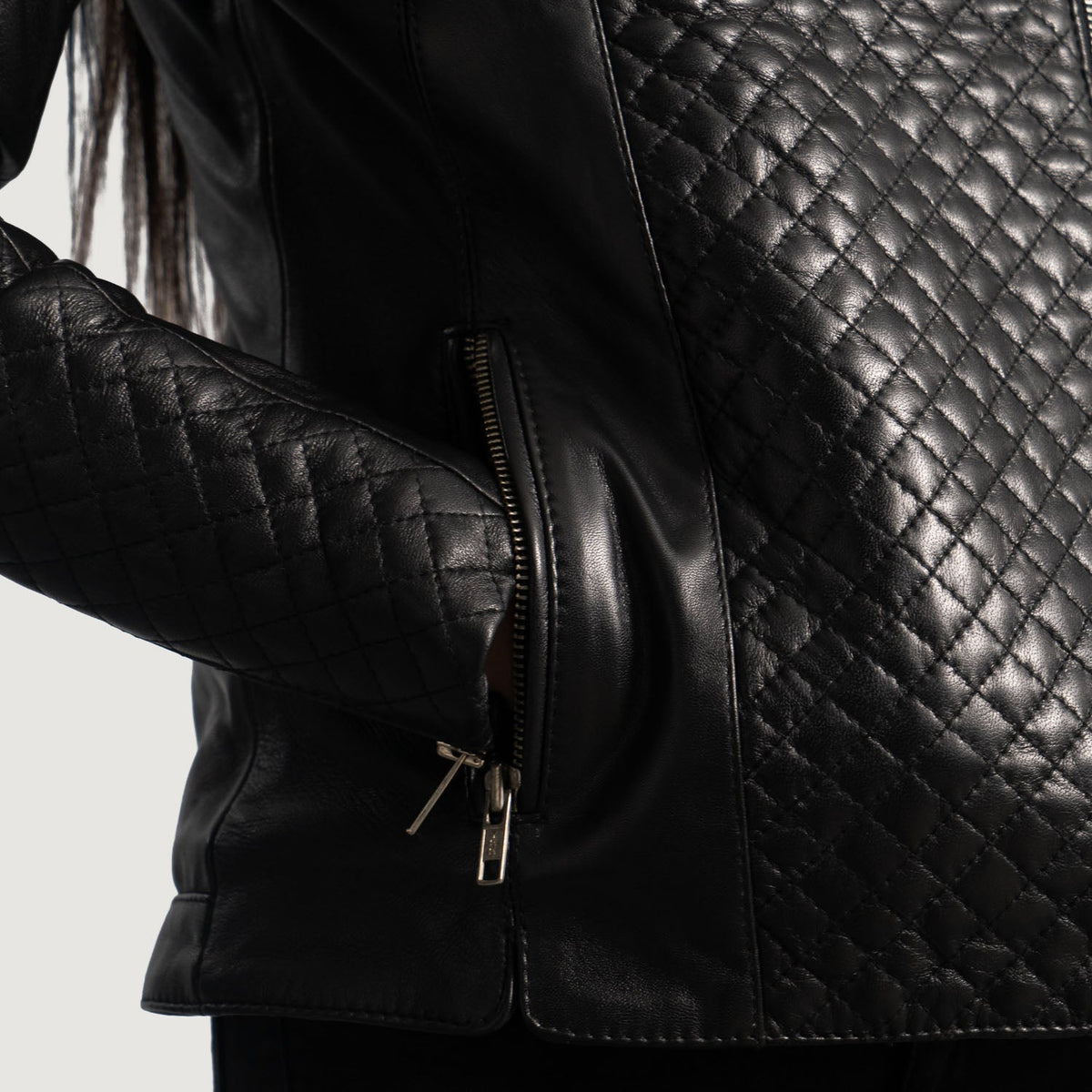 Orient Grain Quilted Black Leather Biker Jacket - women's jacket in black sheepskin leather, view 6