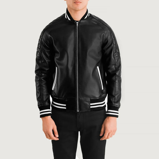 Pascal Black Leather Varsity Jacket - men's jacket in black sheepskin leather, view 1