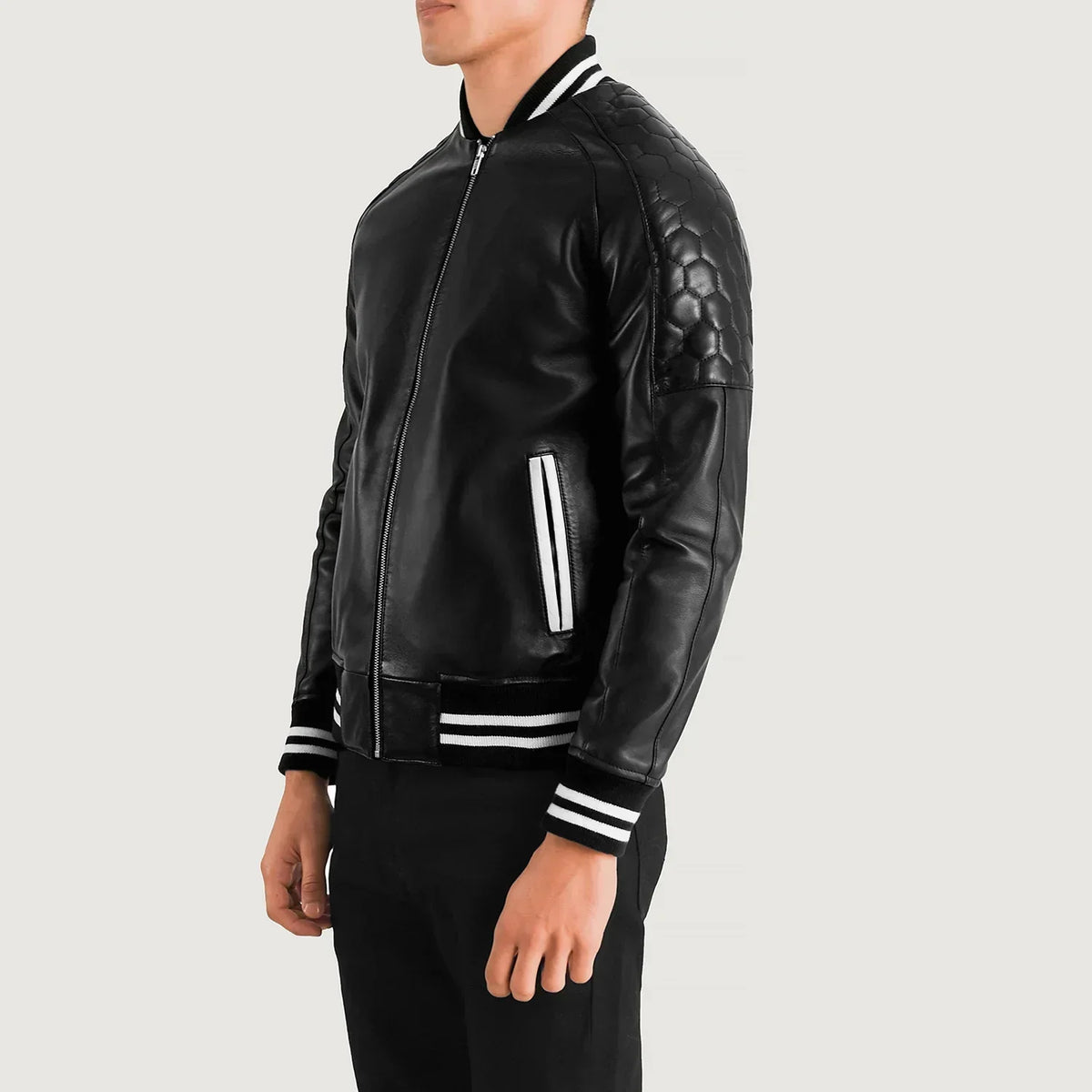 Pascal Black Leather Varsity Jacket - men's jacket in black sheepskin leather, view 2
