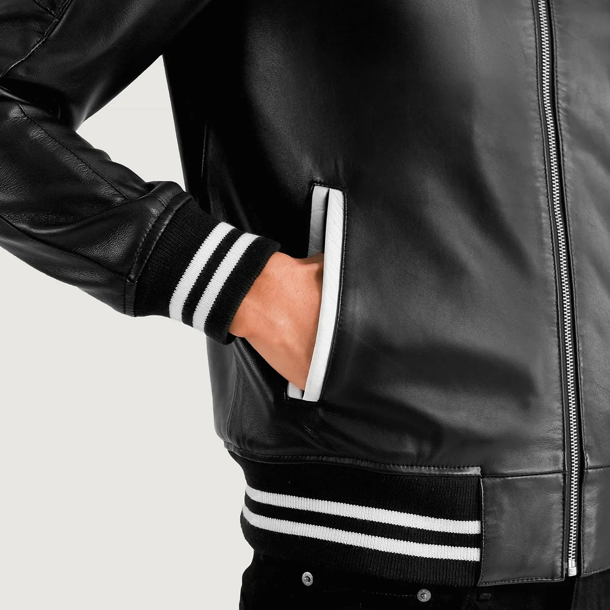 Pascal Black Leather Varsity Jacket - men's jacket in black sheepskin leather, view 3