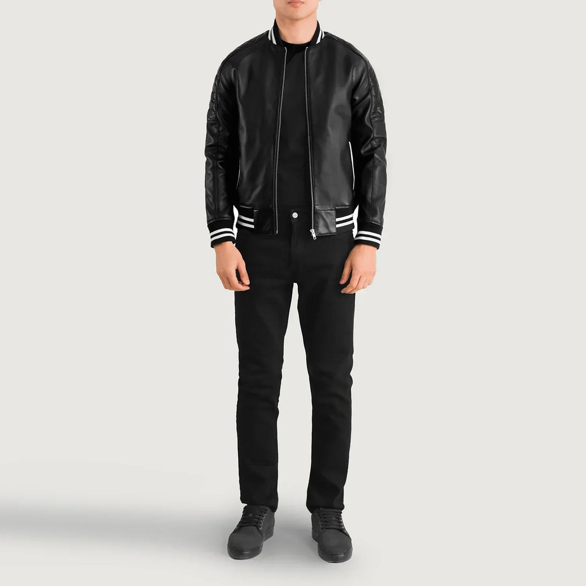 Pascal Black Leather Varsity Jacket - men's jacket in black sheepskin leather, view 4