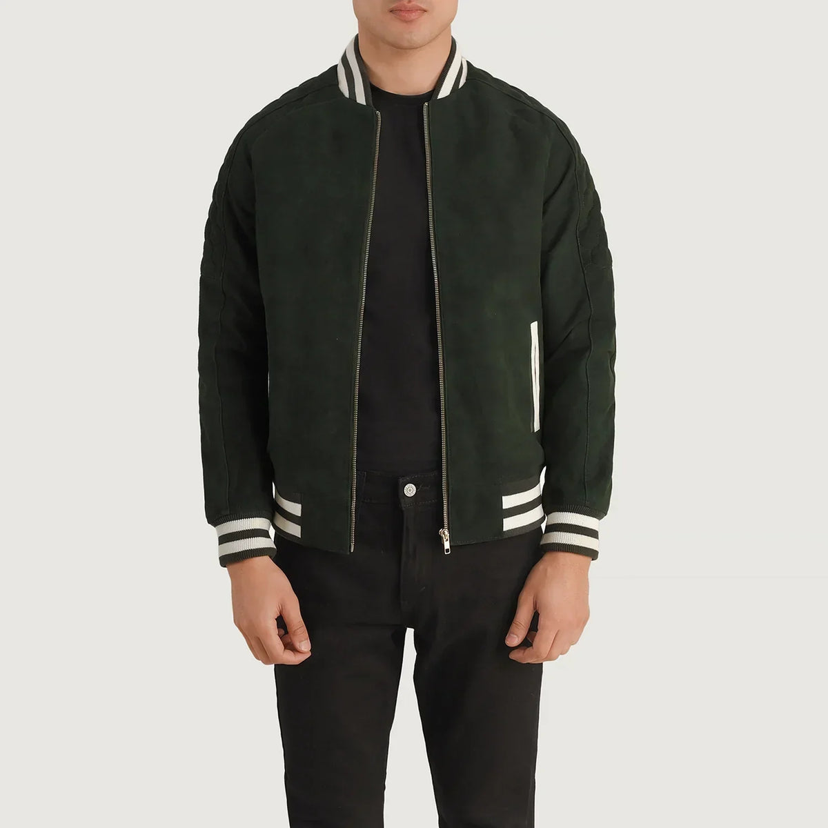 Pascal Green Suede Varsity Jacket - men's jacket in green suede leather, view 1