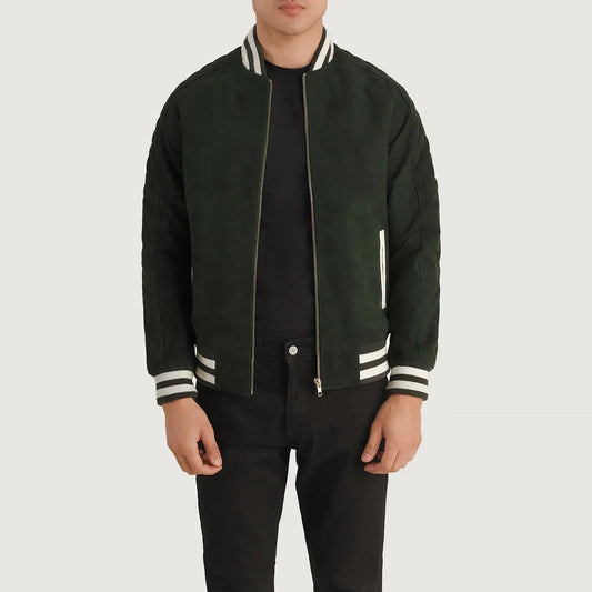 Pascal Green Suede Varsity Jacket - men's jacket in green suede leather, view 1