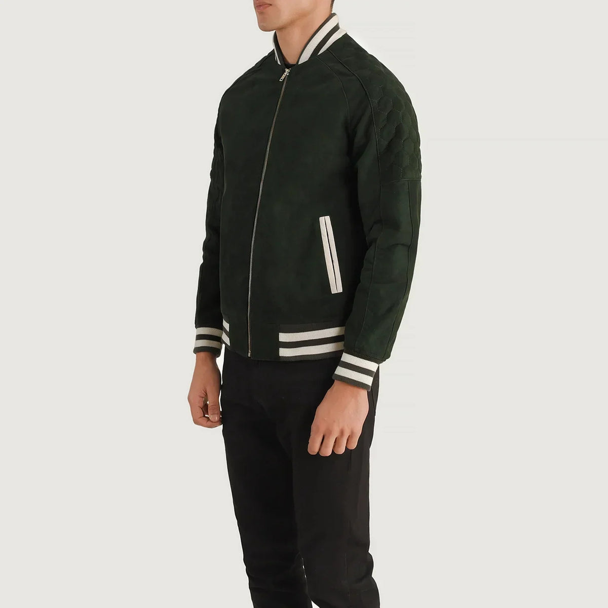 Pascal Green Suede Varsity Jacket - men's jacket in green suede leather, view 2