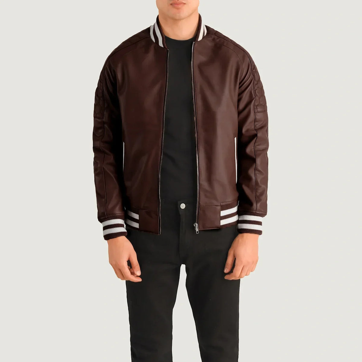 Pascal Maroon Leather Varsity Jacket - men's jacket in maroon sheepskin leather, view 1