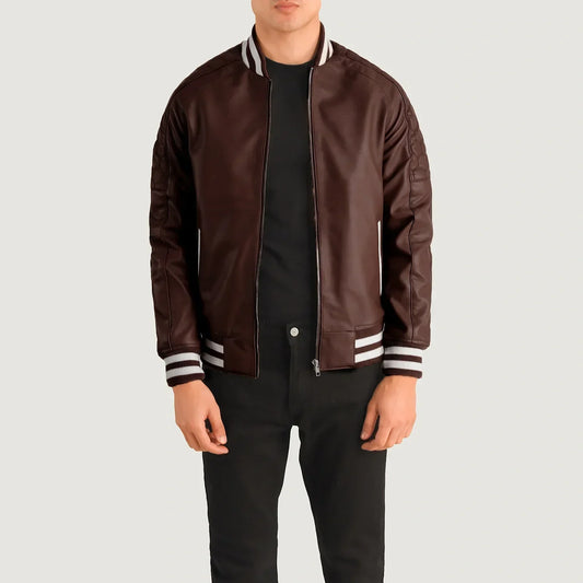 Pascal Maroon Leather Varsity Jacket - men's jacket in maroon sheepskin leather, view 1