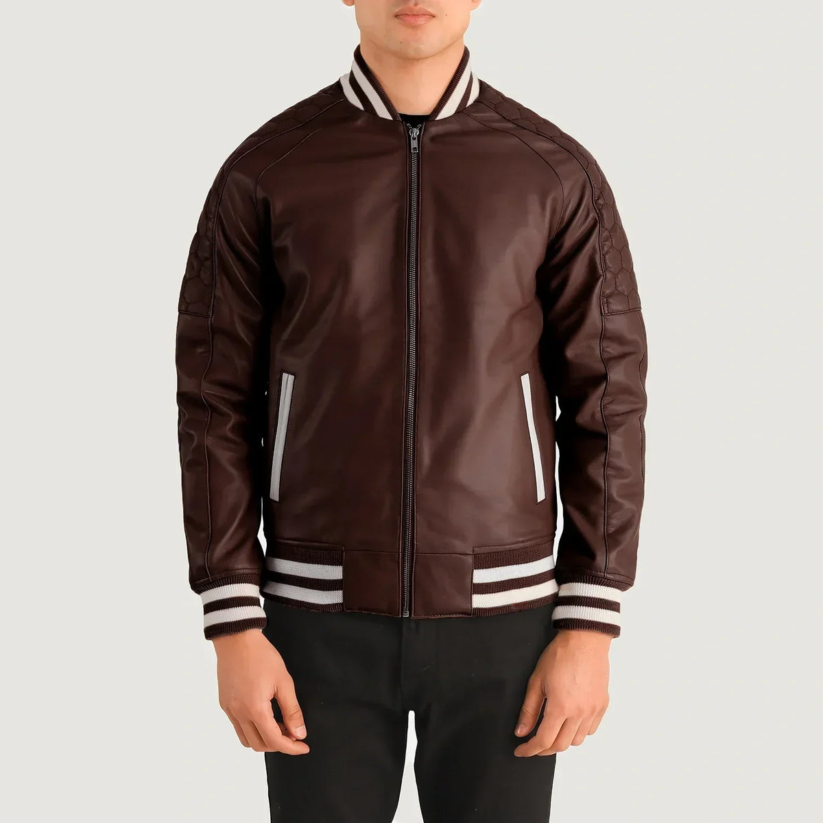 Pascal Maroon Leather Varsity Jacket - men's jacket in maroon sheepskin leather, view 4