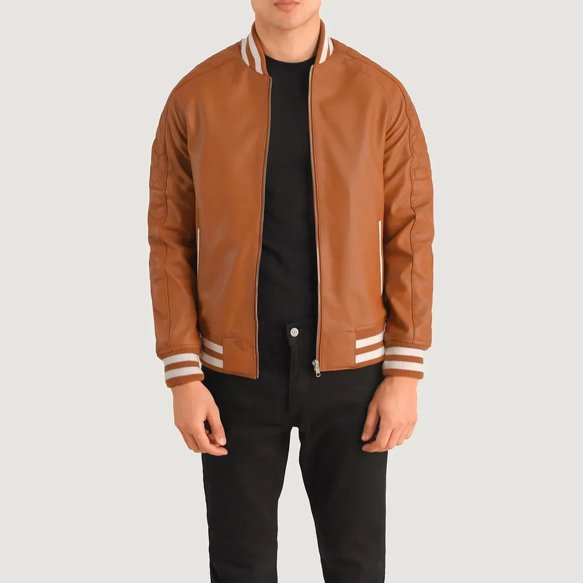Pascal Tan Brown Leather Varsity Jacket - men's jacket in brown & tan suede leather, view 1