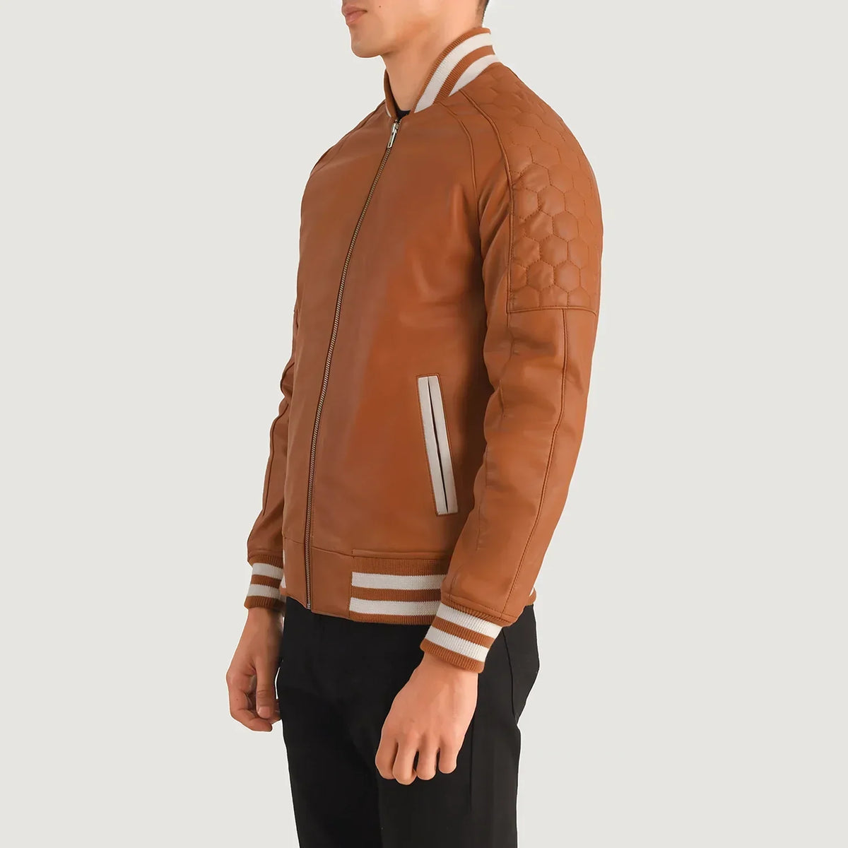 Pascal Tan Brown Leather Varsity Jacket - men's jacket in brown & tan suede leather, view 2