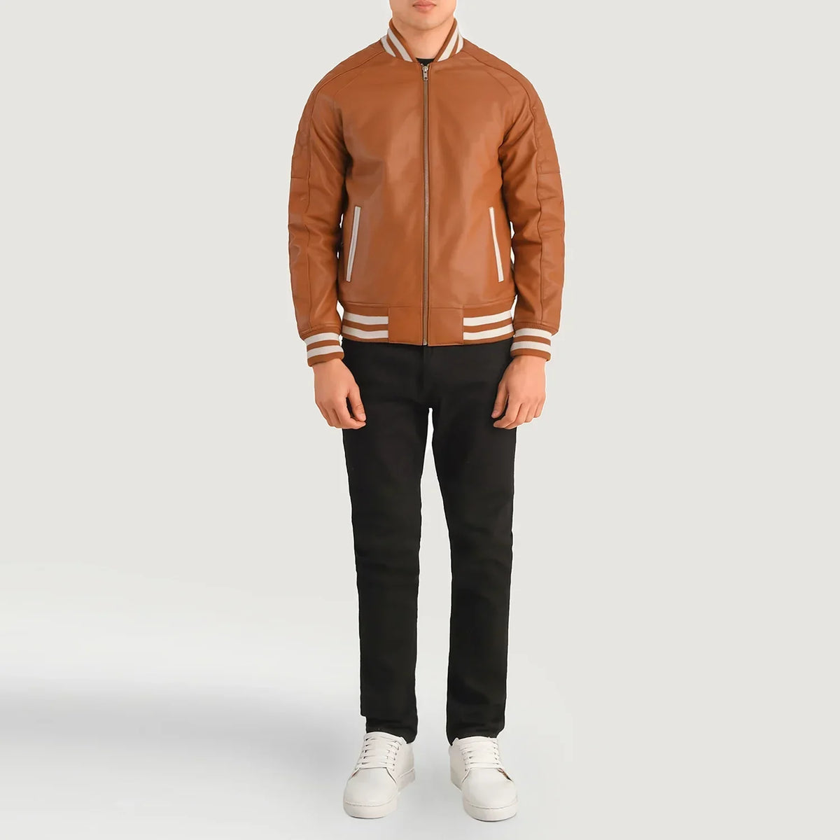 Pascal Tan Brown Leather Varsity Jacket - men's jacket in brown & tan suede leather, view 3