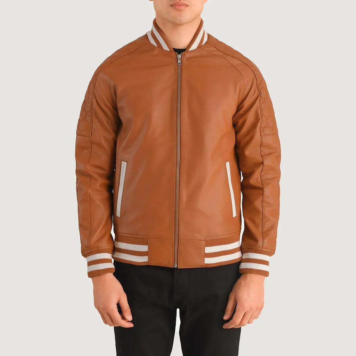 Pascal Tan Brown Leather Varsity Jacket - men's jacket in brown & tan suede leather, view 4