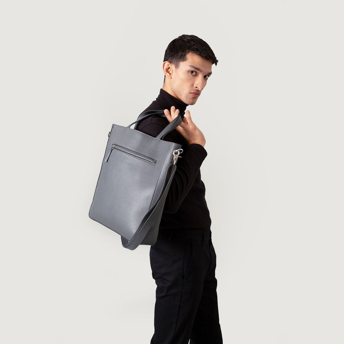 Brex Poet Grey Leather Tote Bag - grey leather tote bag, view 5