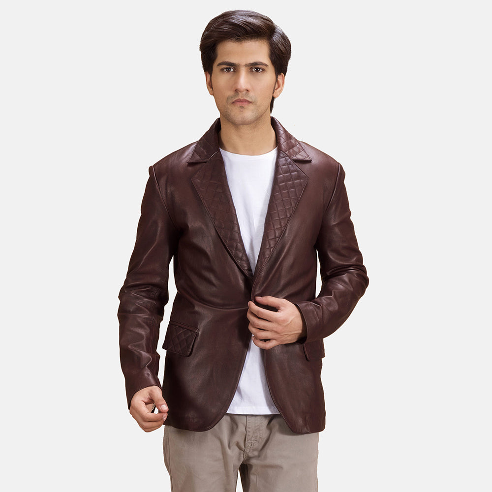 Radaron Quilted Maroon Leather Blazer - men's blazer in maroon leather, view 1