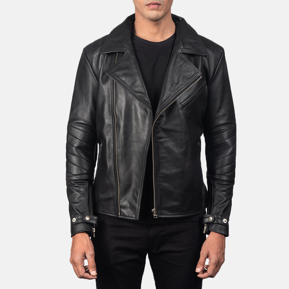 Raiden Black Leather Biker Jacket - men's jacket in black cowhide leather, view 1