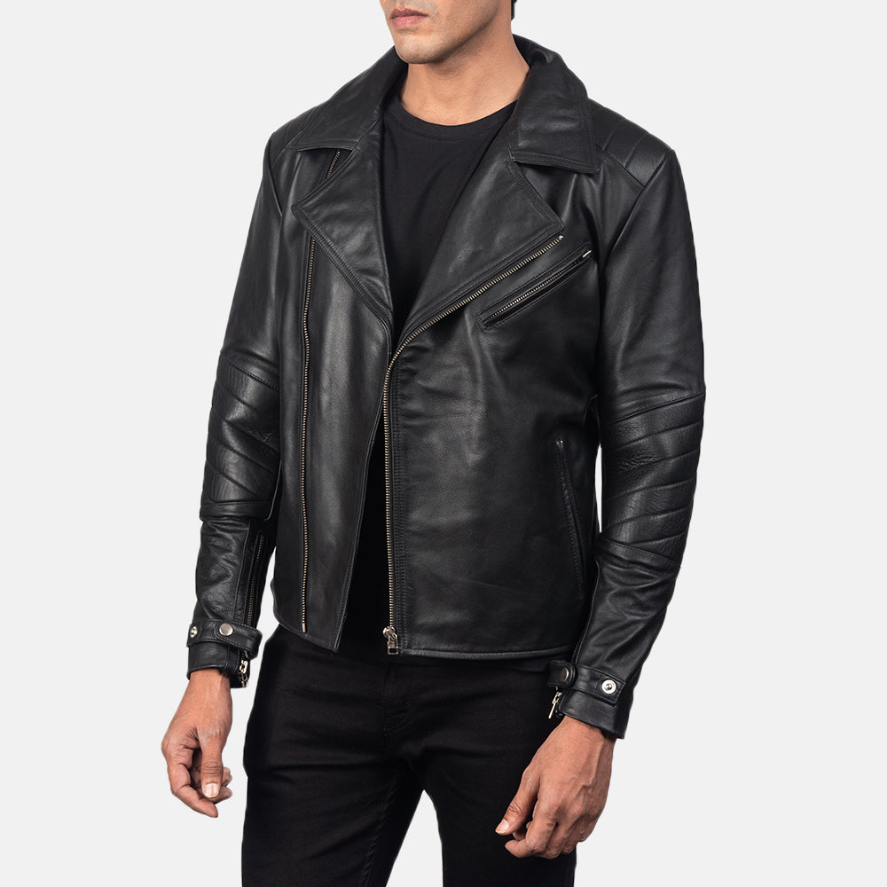 Raiden Black Leather Biker Jacket - men's jacket in black cowhide leather, view 2