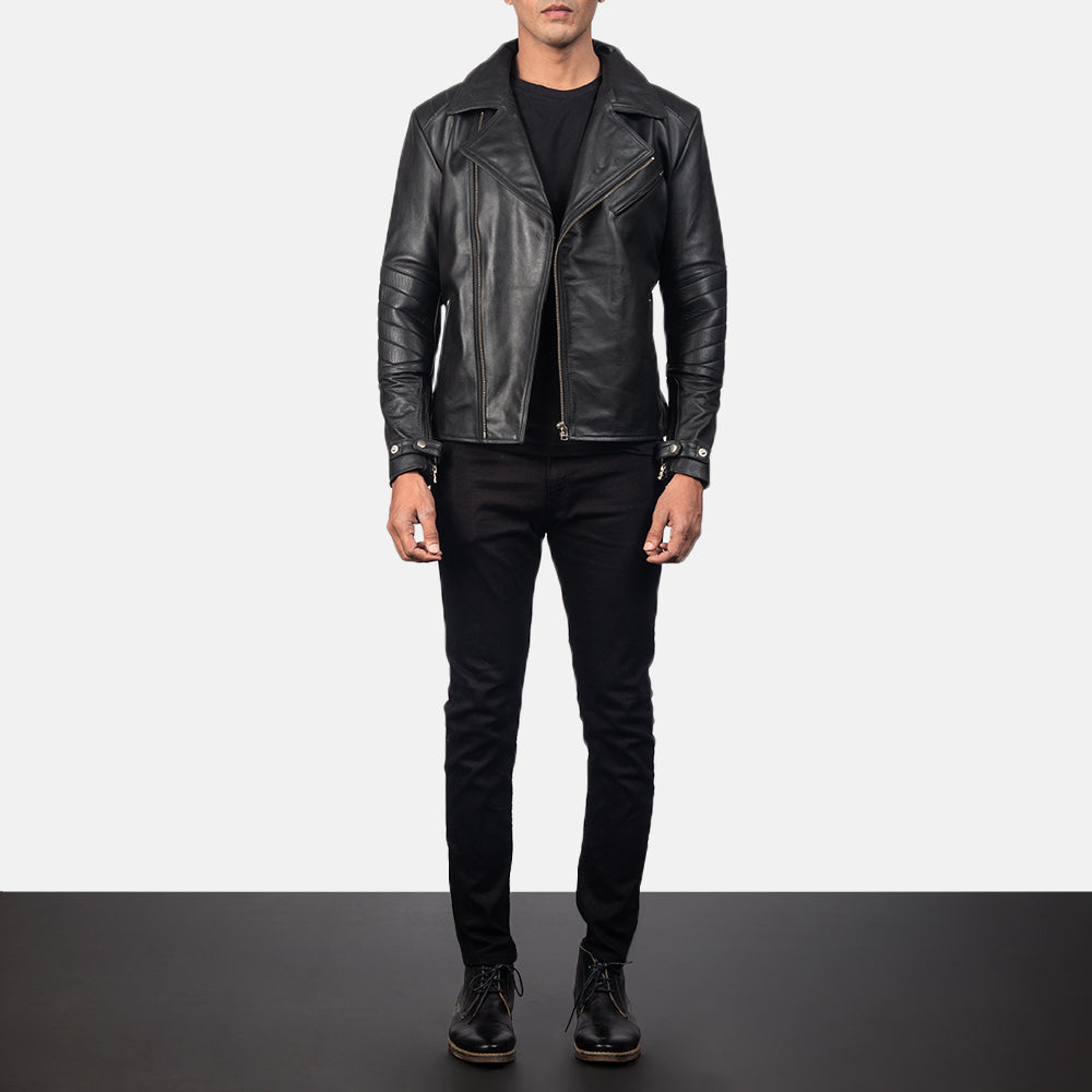 Raiden Black Leather Biker Jacket - men's jacket in black cowhide leather, view 3
