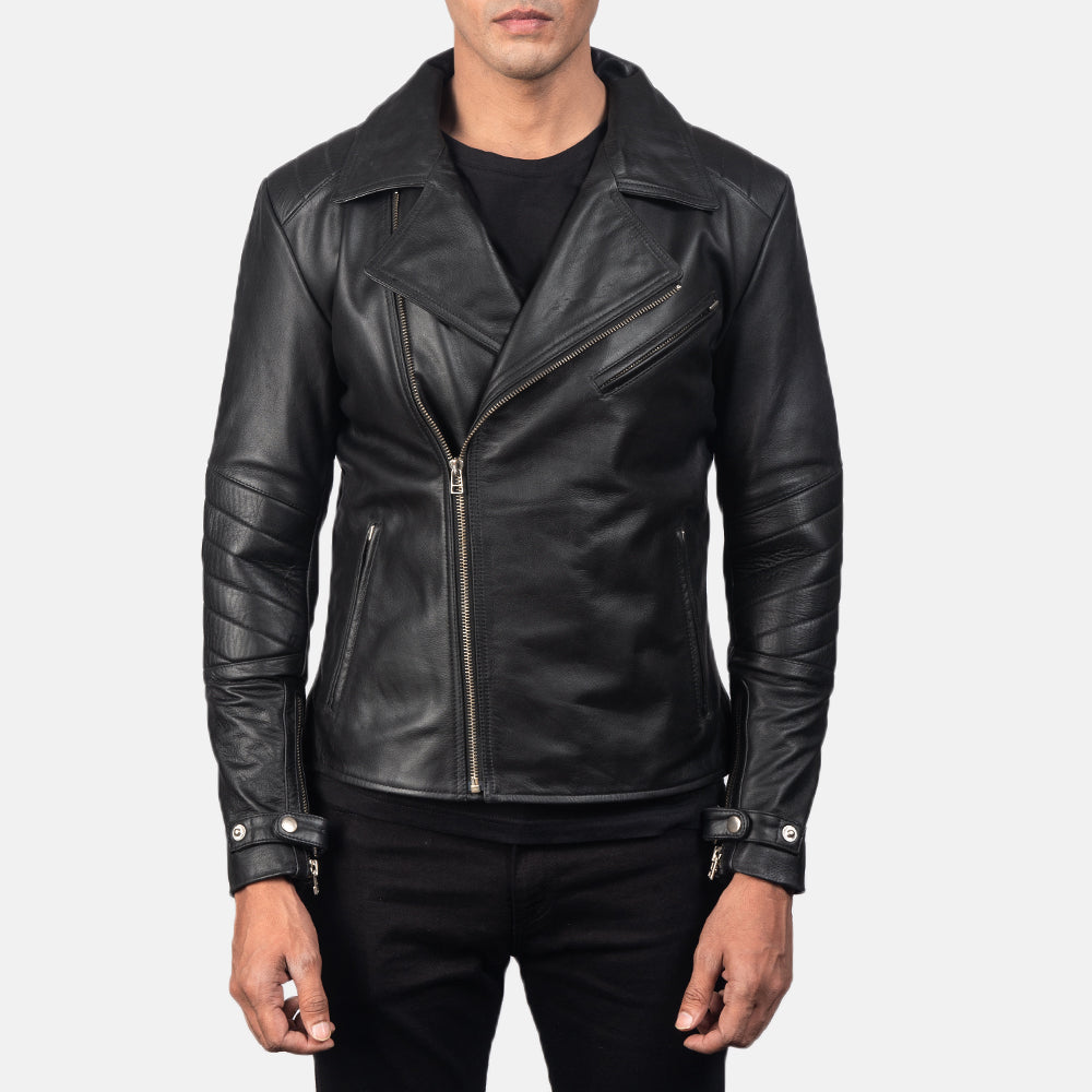 Raiden Black Leather Biker Jacket - men's jacket in black cowhide leather, view 4