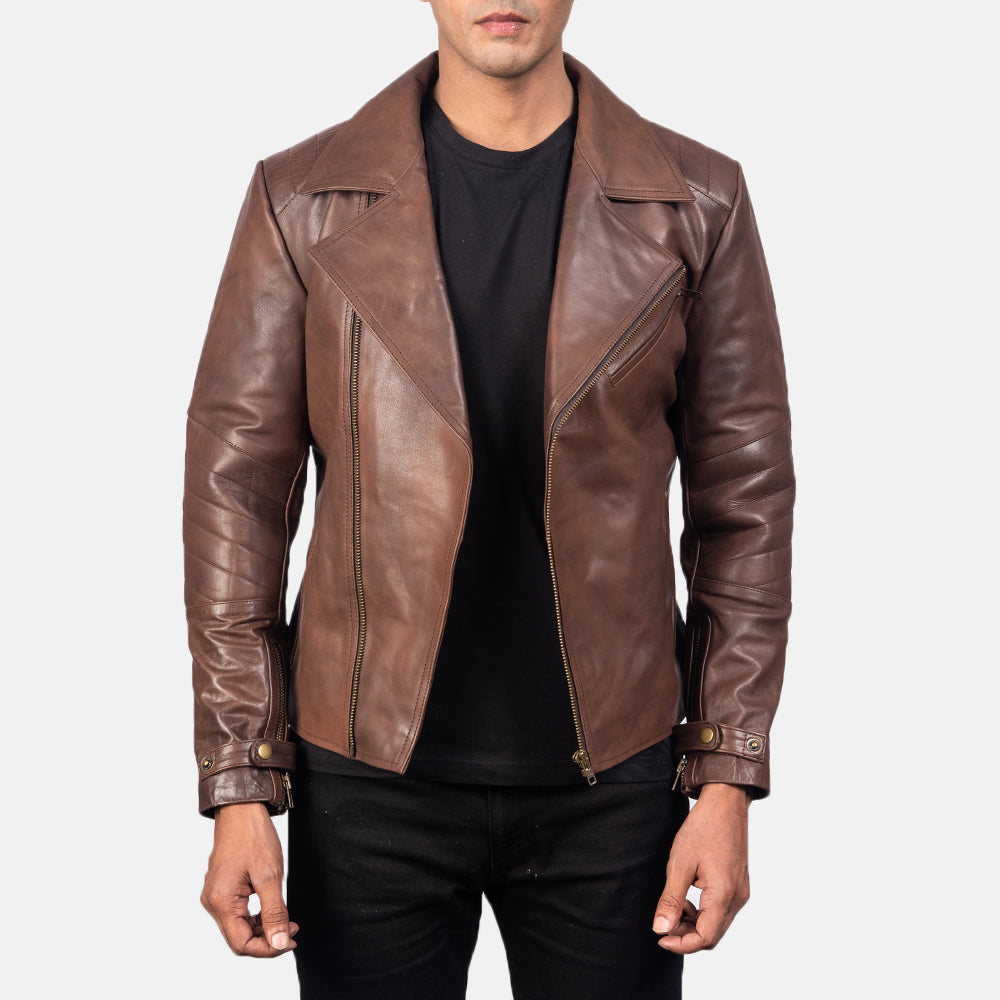 Raiden Brown Leather Biker Jacket - men's jacket in brown cowhide leather, view 1