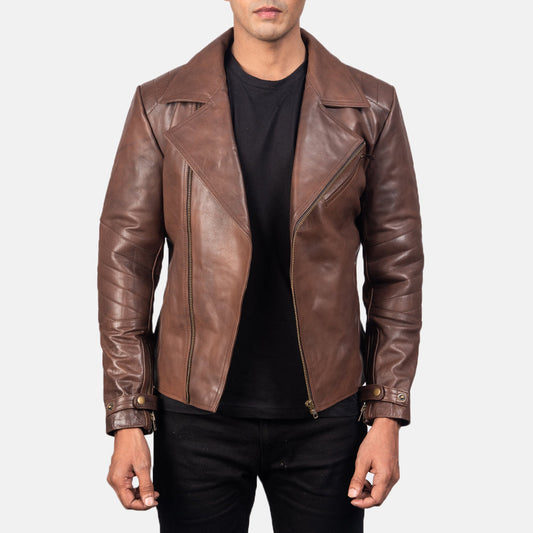 Raiden Brown Leather Biker Jacket - men's jacket in brown cowhide leather, view 1