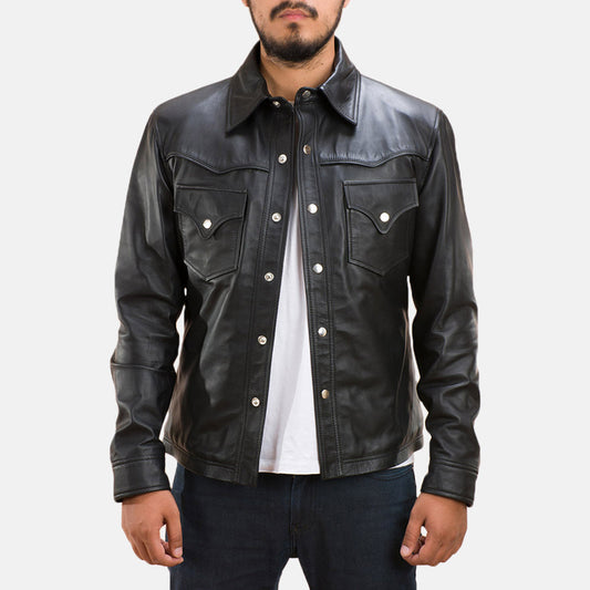 Ranchson Black Leather Shirt - men's shirt in black sheepskin leather, view 1
