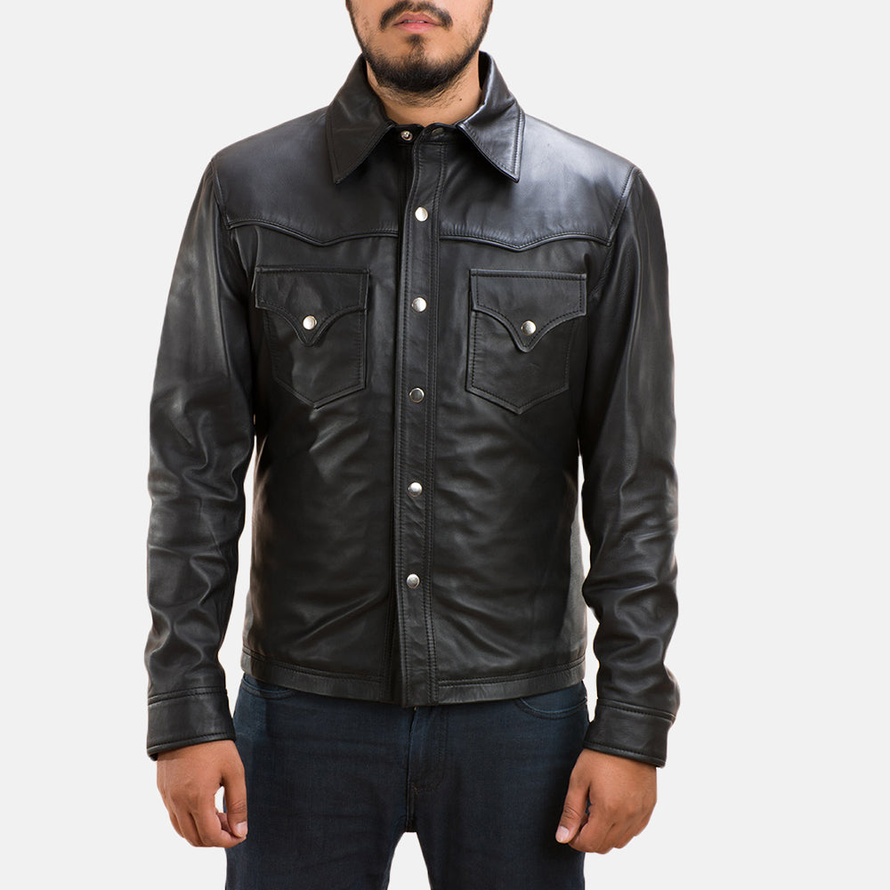 Ranchson Black Leather Shirt - men's shirt in black sheepskin leather, view 2