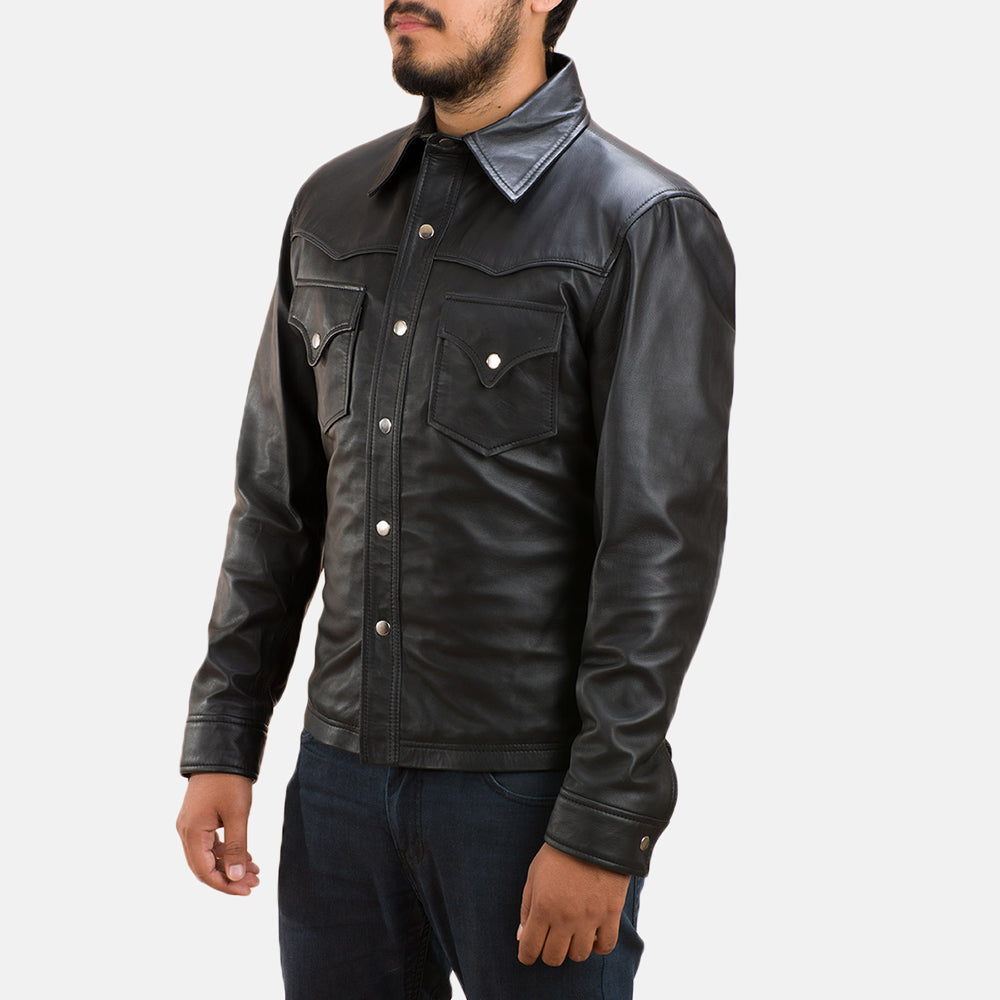 Ranchson Black Leather Shirt - men's shirt in black sheepskin leather, view 3