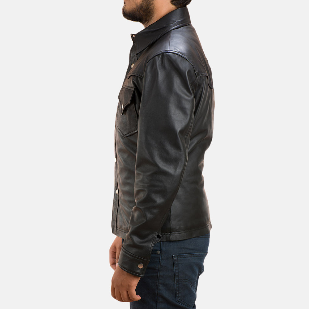 Ranchson Black Leather Shirt - men's shirt in black sheepskin leather, view 4