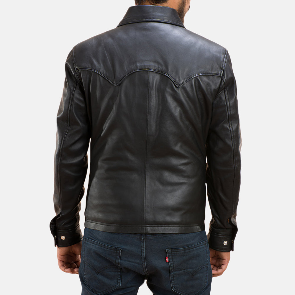Ranchson Black Leather Shirt - men's shirt in black sheepskin leather, view 5
