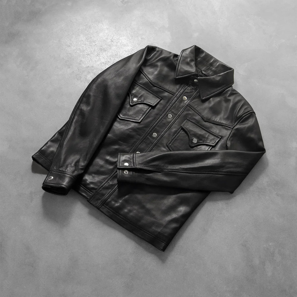 Ranchson Black Leather Shirt - men's shirt in black sheepskin leather, view 6