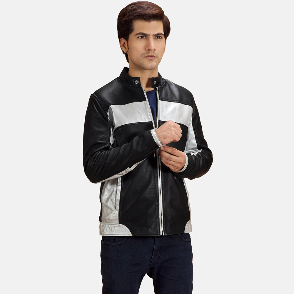 Randolf Silver Black Leather Biker Jacket - men's jacket in black & silver sheepskin leather, view 1