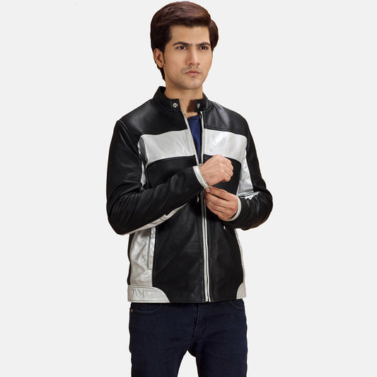 Randolf Silver Black Leather Biker Jacket - men's jacket in black & silver sheepskin leather, view 1