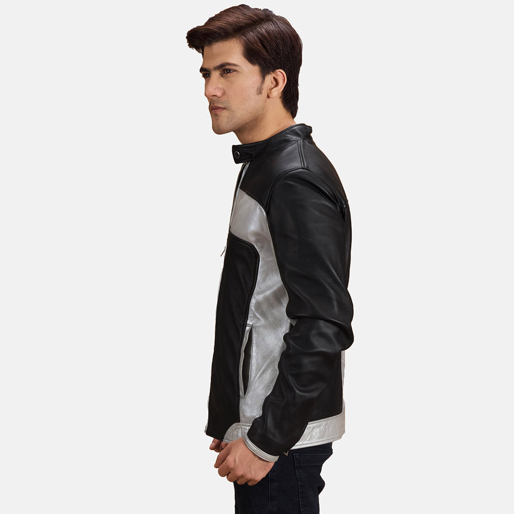 Randolf Silver Black Leather Biker Jacket - men's jacket in black & silver sheepskin leather, view 2